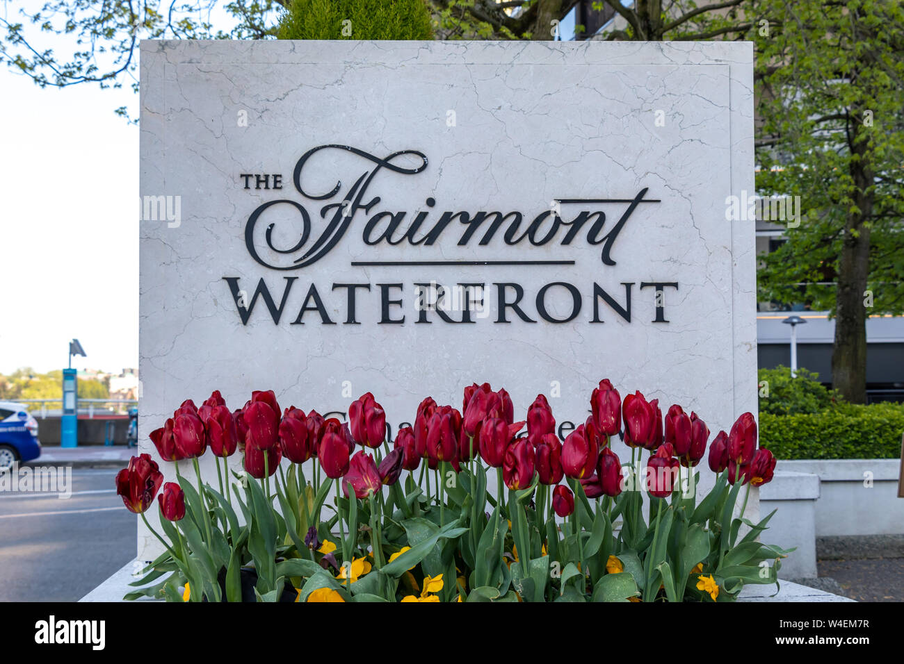 Signez à l'hôtel Fairmont Waterfront au port de Vancouver, en Colombie-Britannique. Banque D'Images