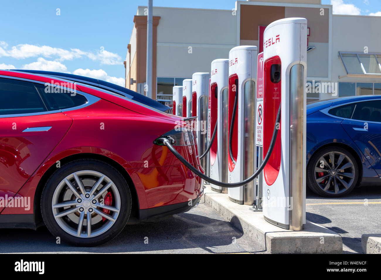 Tesla Model S rouge et bleu Tesla Model S est connecté, la charge sur les lignes à la suralimentation. Banque D'Images Tesla Model S rouge et bleu Tesla Model S est connecté, la charge sur les lignes à la suralimentation. Banque D'Images