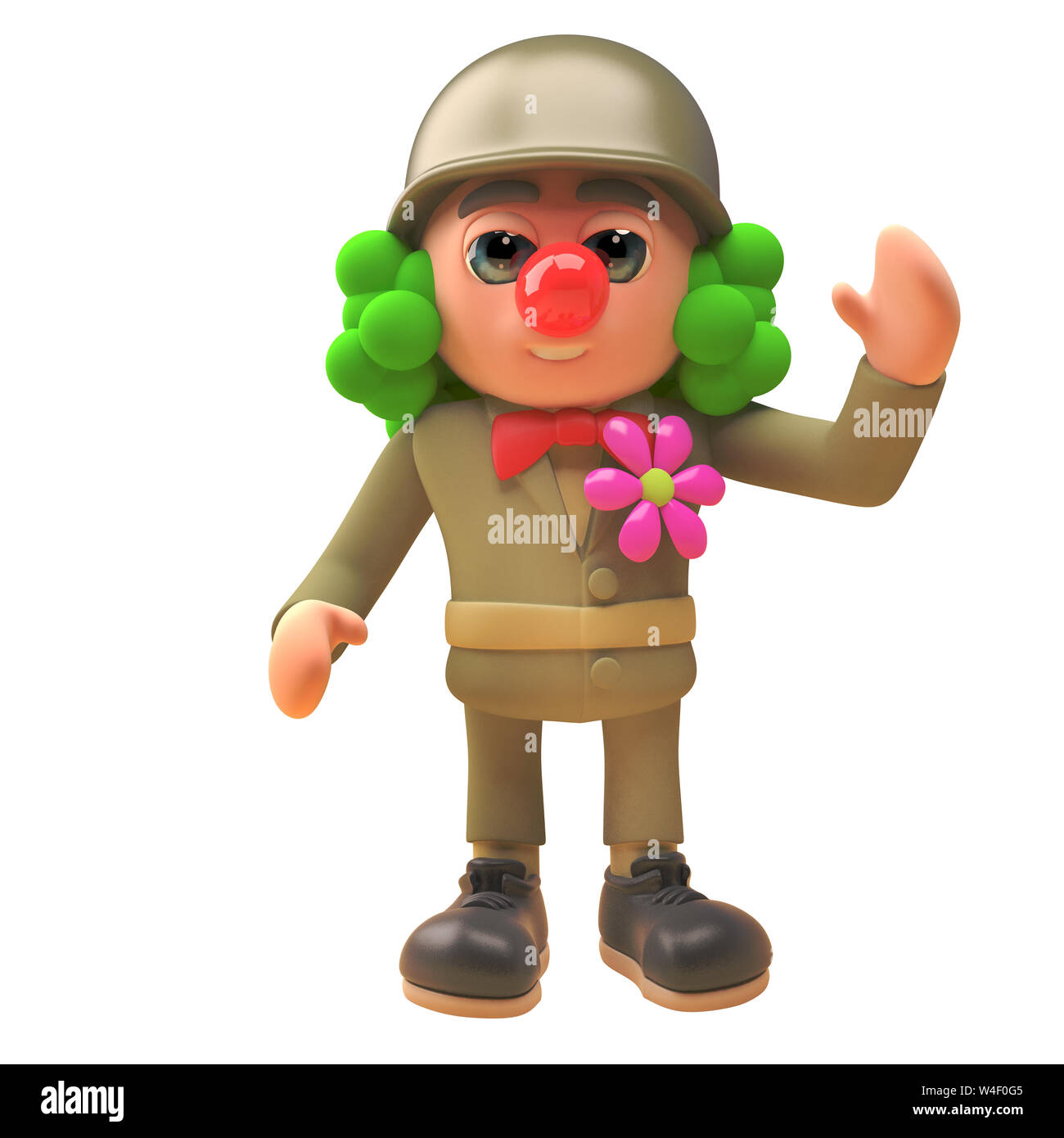 Soldat de l'armée de dessins animés en 3d character en uniforme et habillé en clown au nez rouge et perruque, illustration 3D render Banque D'Images