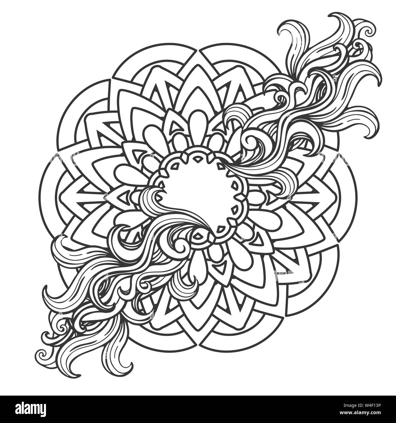 Mandala avec les vagues et les boucles. Page de livre de coloriage. Contours vector illustration. Isolé sur fond blanc Illustration de Vecteur