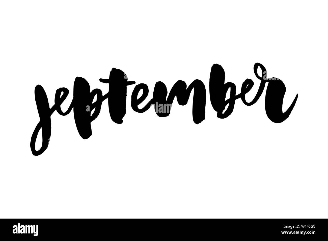 Bonjour Septembre calligraphie. Carte de vœux de l'automne. À la main Illustration de Vecteur