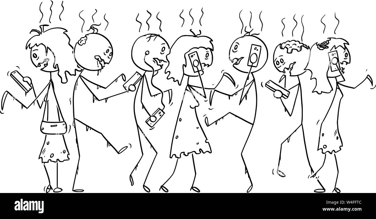 Vector cartoon stick figure dessin illustration conceptuelle du groupe de zombies toxicomanes ou des personnes mortes en marchant dans la rue et à l'aide de leur téléphone mobile ou téléphone cellulaire. Illustration de Vecteur
