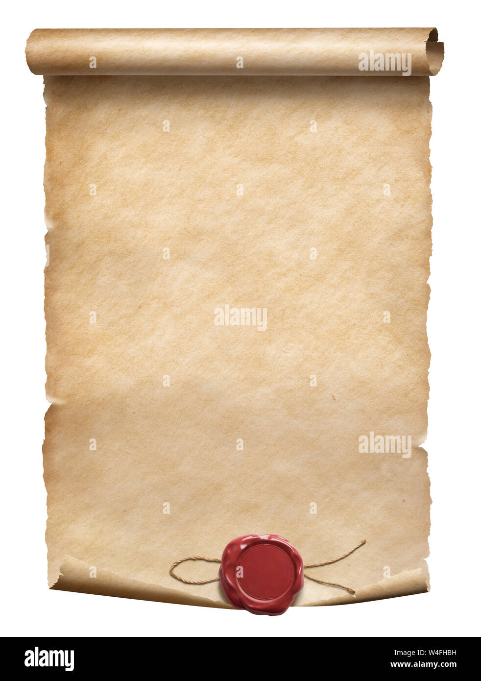 Vieux parchemin avec sceau en cire isolated on white Banque D'Images