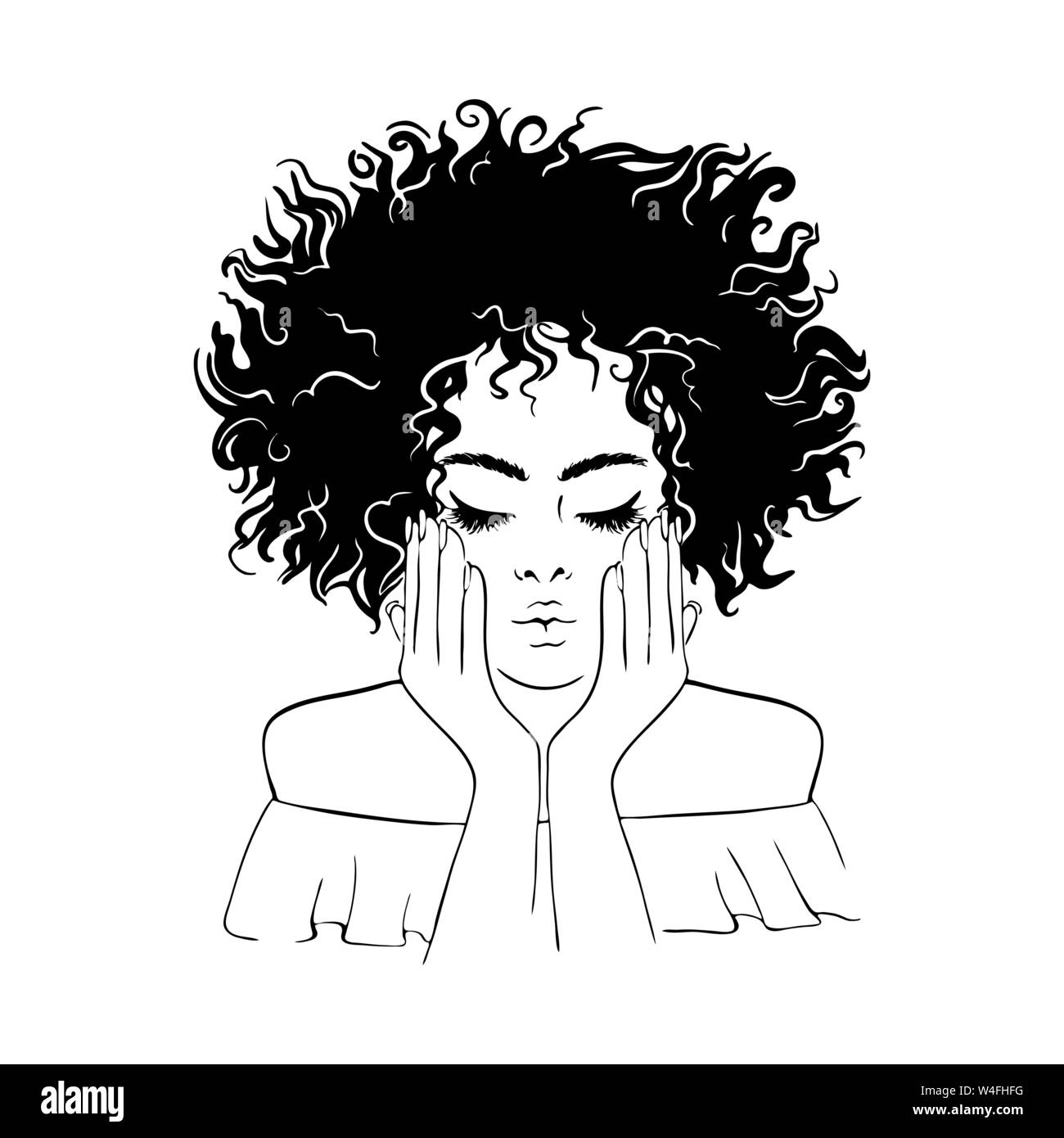 Belle femme afro-américaine donne un baiser avec les yeux fermés et les mains sur ses joues Illustration de Vecteur