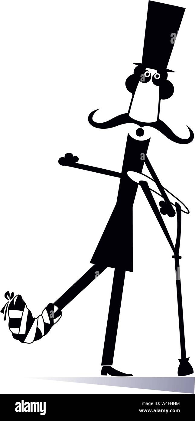Homme de moustache long de dessin animé blessé dans l'illustration du chapeau supérieur.Homme de moustache long gai au sommet avec bandage et béquilles noir sur blanc Illustration de Vecteur