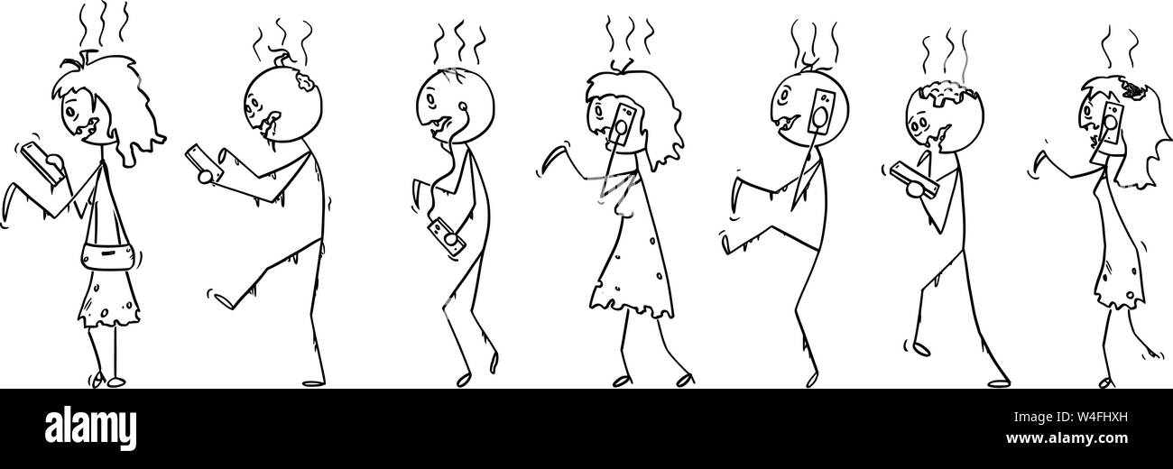 Vector cartoon stick figure dessin illustration conceptuelle de l'ensemble des zombies toxicomanes ou des personnes mortes en marchant dans la rue et à l'aide de leur téléphone mobile ou téléphone cellulaire. Illustration de Vecteur