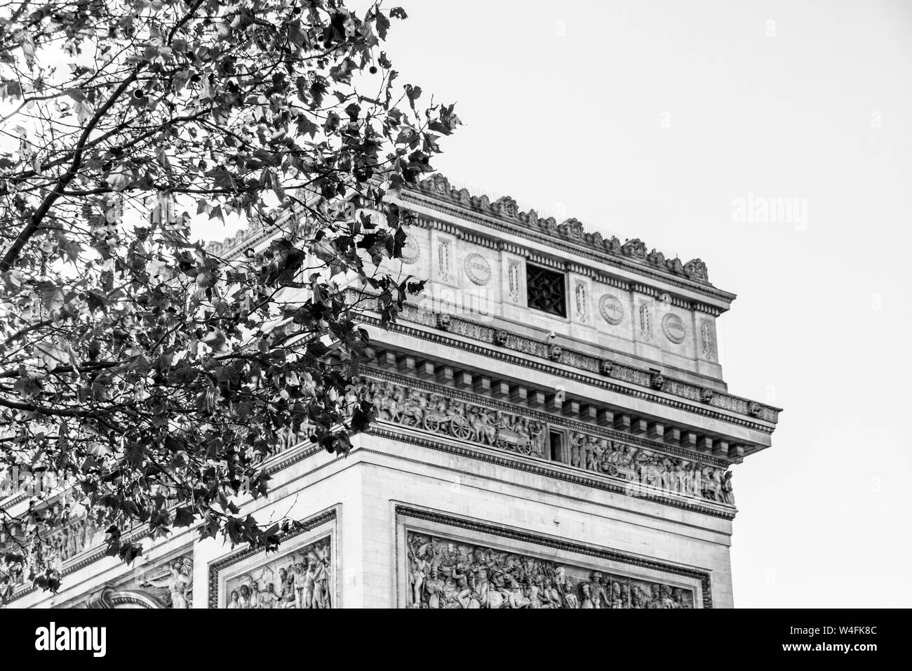 Image en noir et blanc à la fin de l'automne de la partie supérieure de l'Arc de Triomphe, Paris, France Banque D'Images