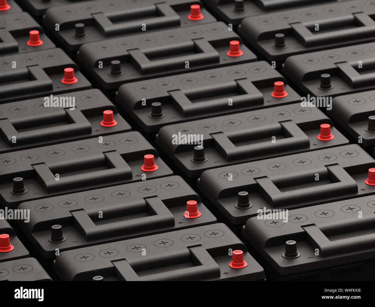 Le rendu 3D de lignes de nouvelles batteries de voiture 12 V Banque D'Images