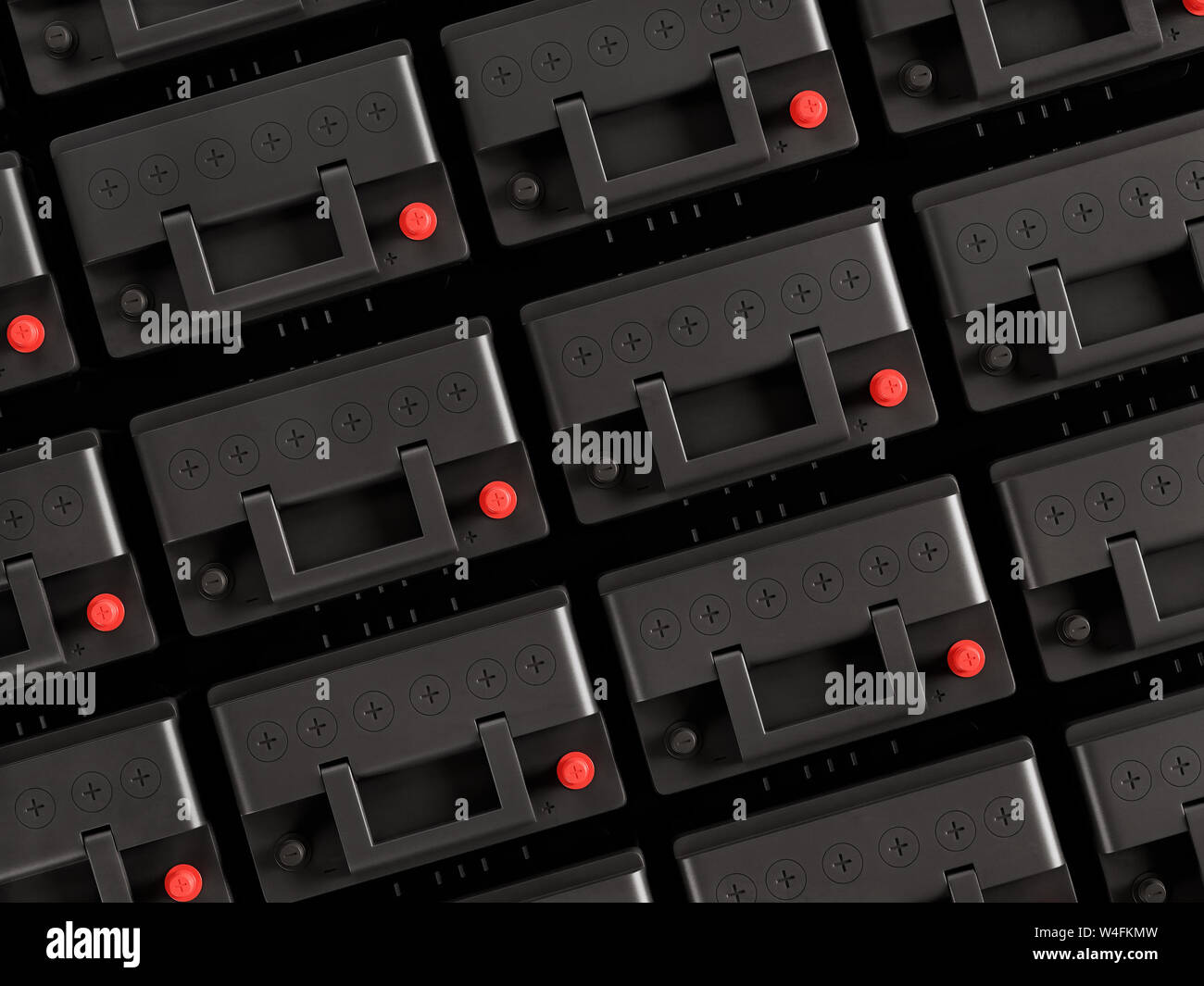Le rendu 3D de lignes de nouvelles batteries de voiture 12 V en plongée des Banque D'Images