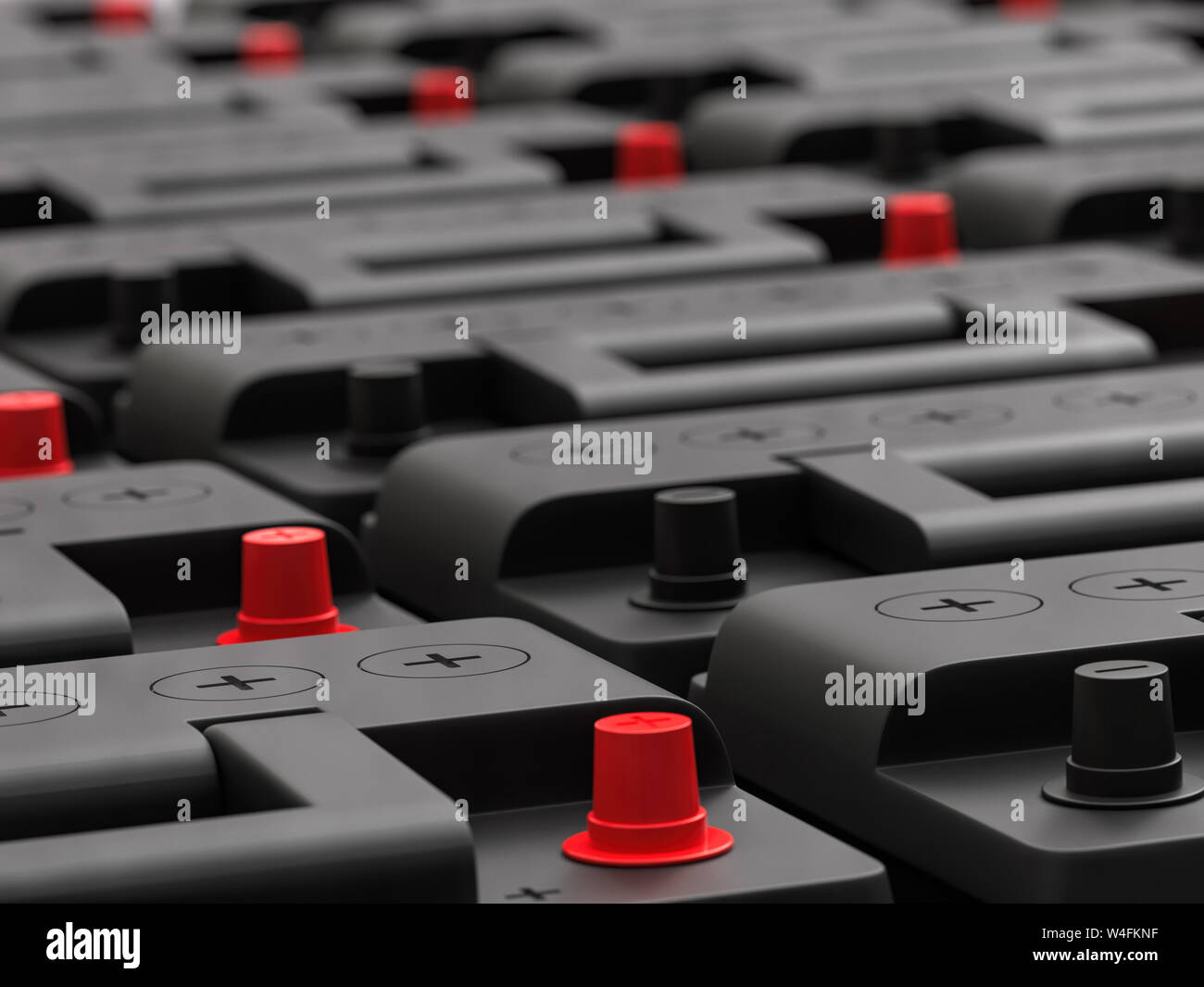 Le rendu 3D de lignes de nouvelles batteries de voiture 12 V Banque D'Images