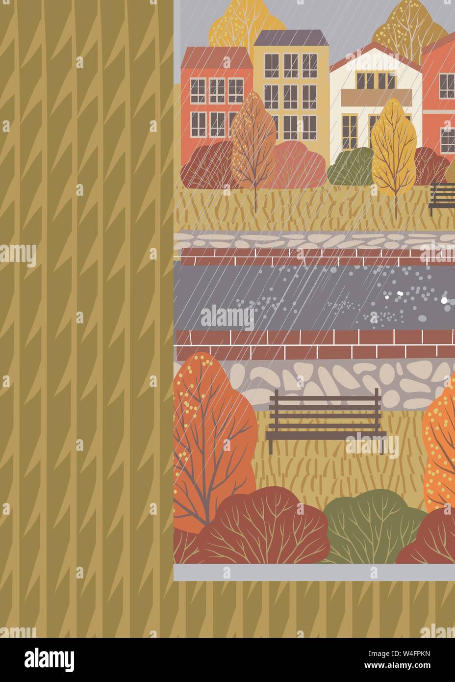 Ambiance de l'automne. Télévision mignon vector illustration de femme avec une tasse de thé en regardant par la fenêtre.. En dehors de la fenêtre est une tempête d'automne et la pluie contre Illustration de Vecteur