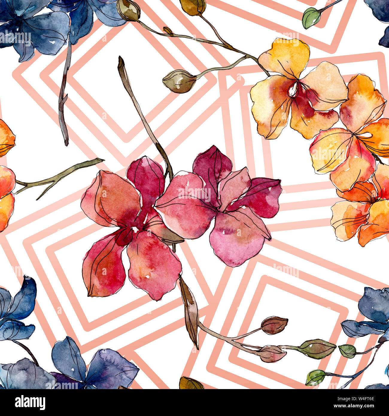 Floral fleurs orchidées botaniques. Printemps sauvage de fleurs sauvages de la feuille. Illustration à l'aquarelle. Aquarelle Dessin aquarelle de mode. Fond transparent Banque D'Images