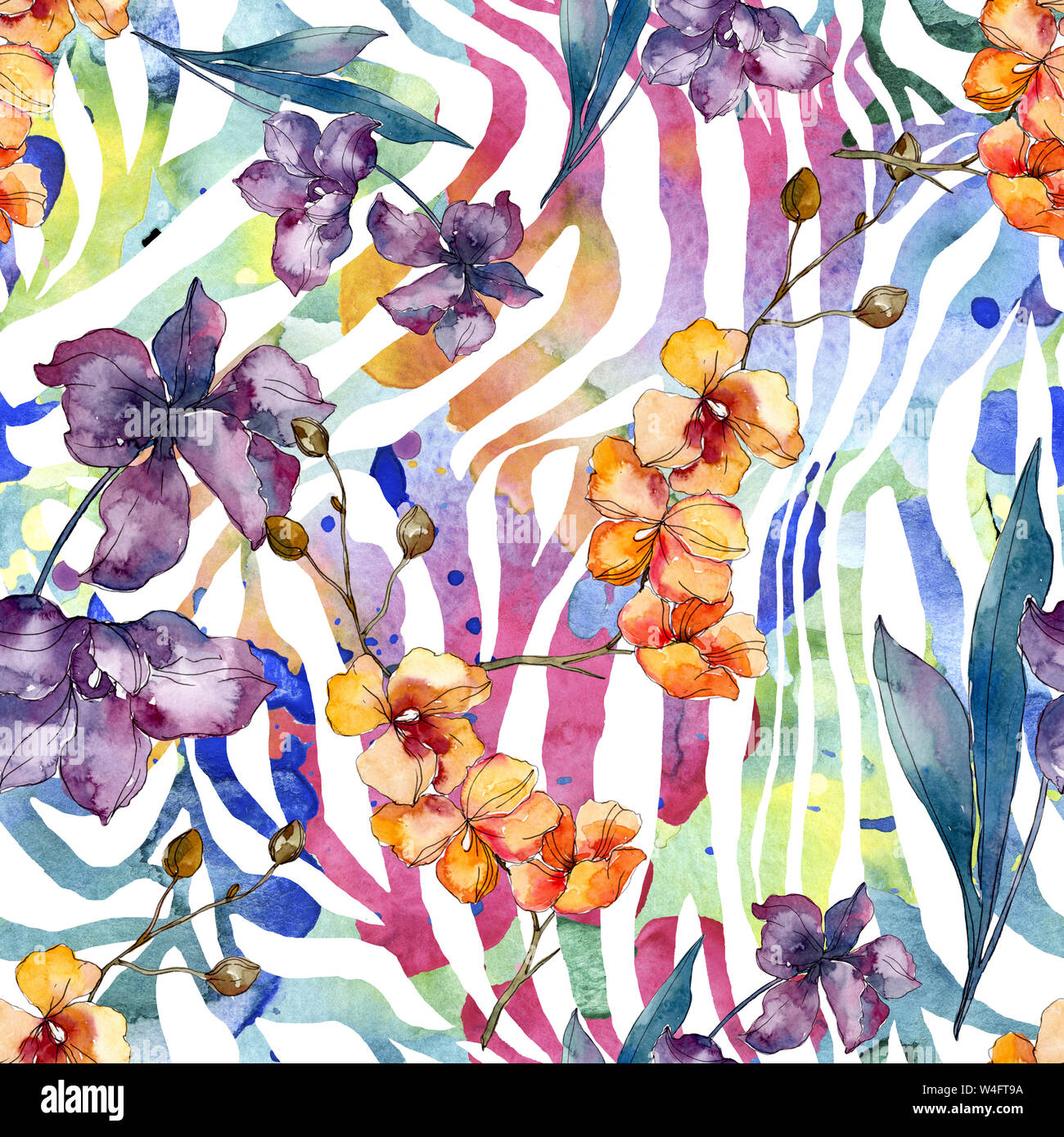 Floral fleurs orchidées botaniques. Printemps sauvage de fleurs sauvages de la feuille. Illustration à l'aquarelle. Aquarelle Dessin aquarelle de mode. Fond transparent Banque D'Images