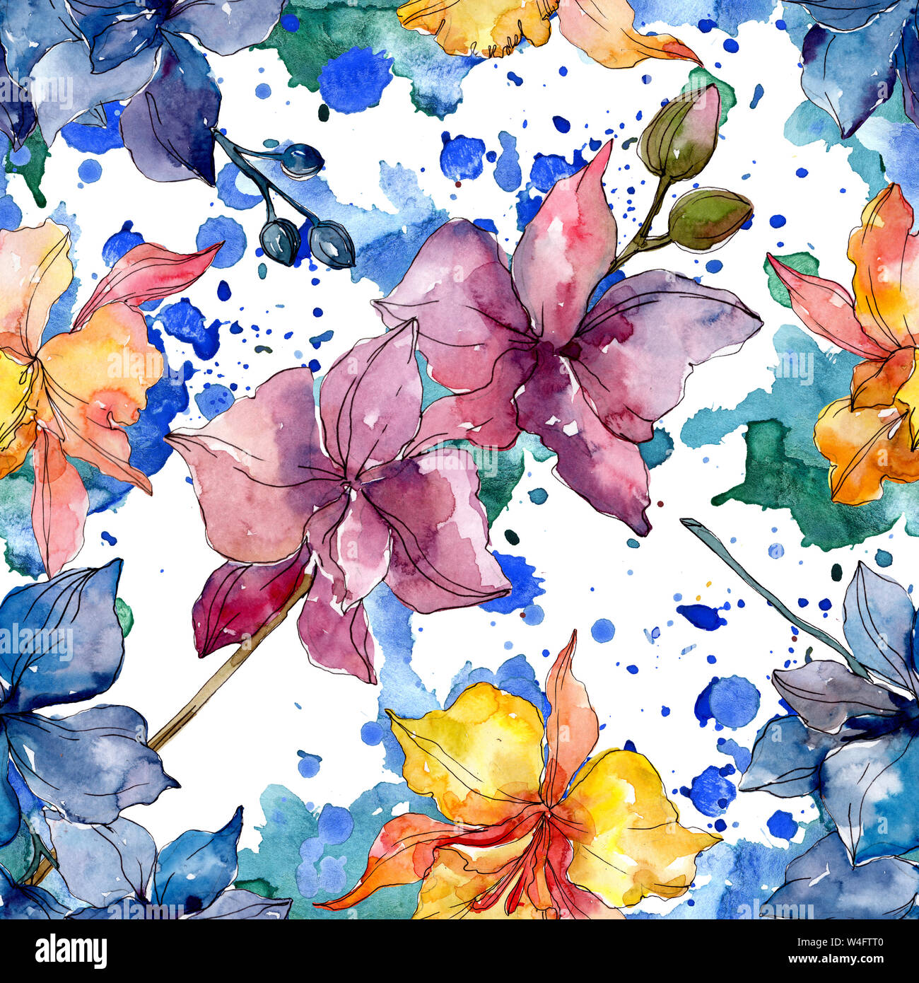 Floral fleurs orchidées botaniques. Printemps sauvage de fleurs sauvages de la feuille. Illustration à l'aquarelle. Aquarelle Dessin aquarelle de mode. Fond transparent Banque D'Images