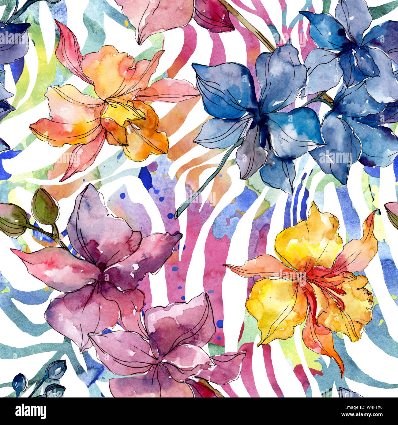 Floral fleurs orchidées botaniques. Printemps sauvage de fleurs sauvages de la feuille. Illustration à l'aquarelle. Aquarelle Dessin aquarelle de mode. Fond transparent Banque D'Images