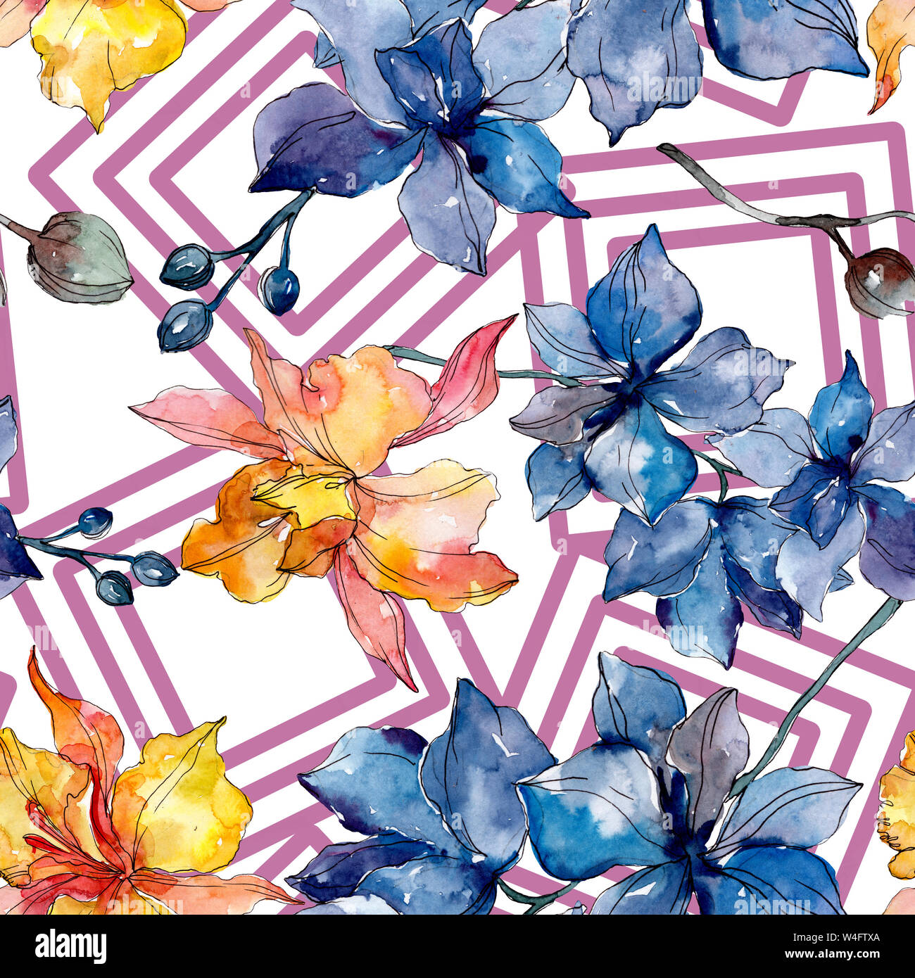 Floral fleurs orchidées botaniques. Printemps sauvage de fleurs sauvages de la feuille. Illustration à l'aquarelle. Aquarelle Dessin aquarelle de mode. Fond transparent Banque D'Images