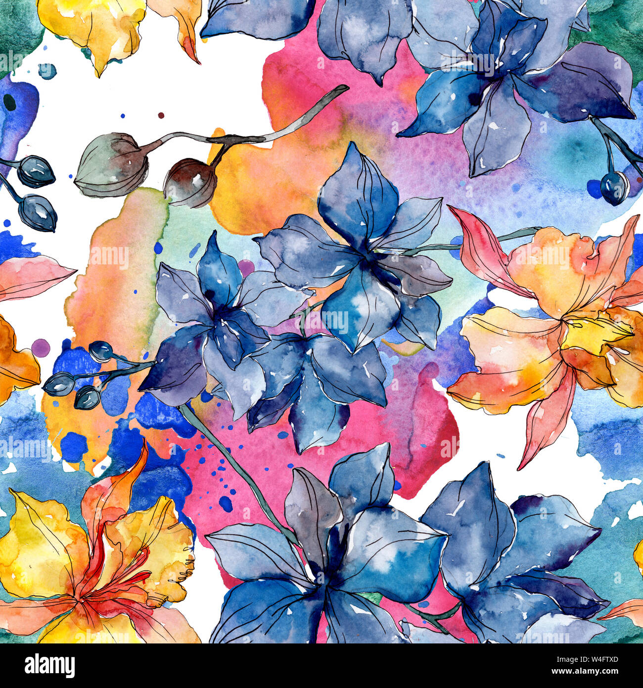 Floral fleurs orchidées botaniques. Printemps sauvage de fleurs sauvages de la feuille. Illustration à l'aquarelle. Aquarelle Dessin aquarelle de mode. Fond transparent Banque D'Images