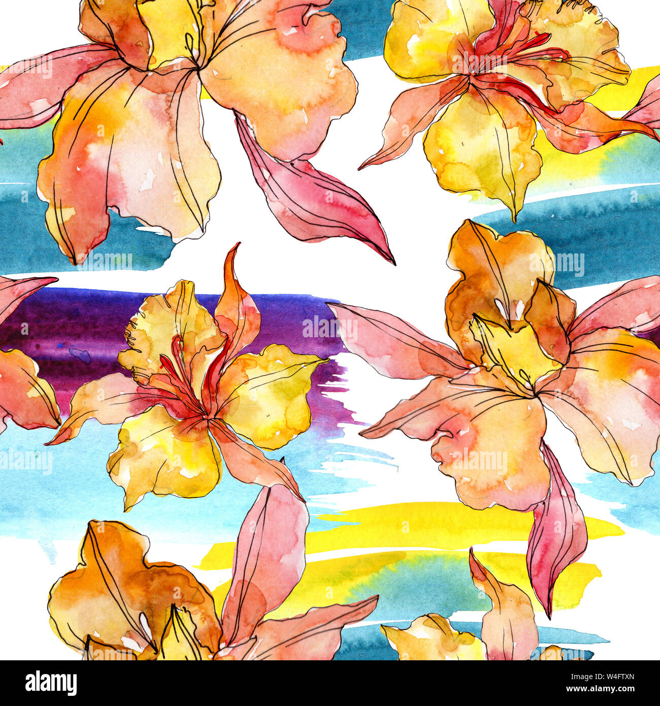 Floral fleurs orchidées botaniques. Printemps sauvage de fleurs sauvages de la feuille. Illustration à l'aquarelle. Aquarelle Dessin aquarelle de mode. Fond transparent Banque D'Images