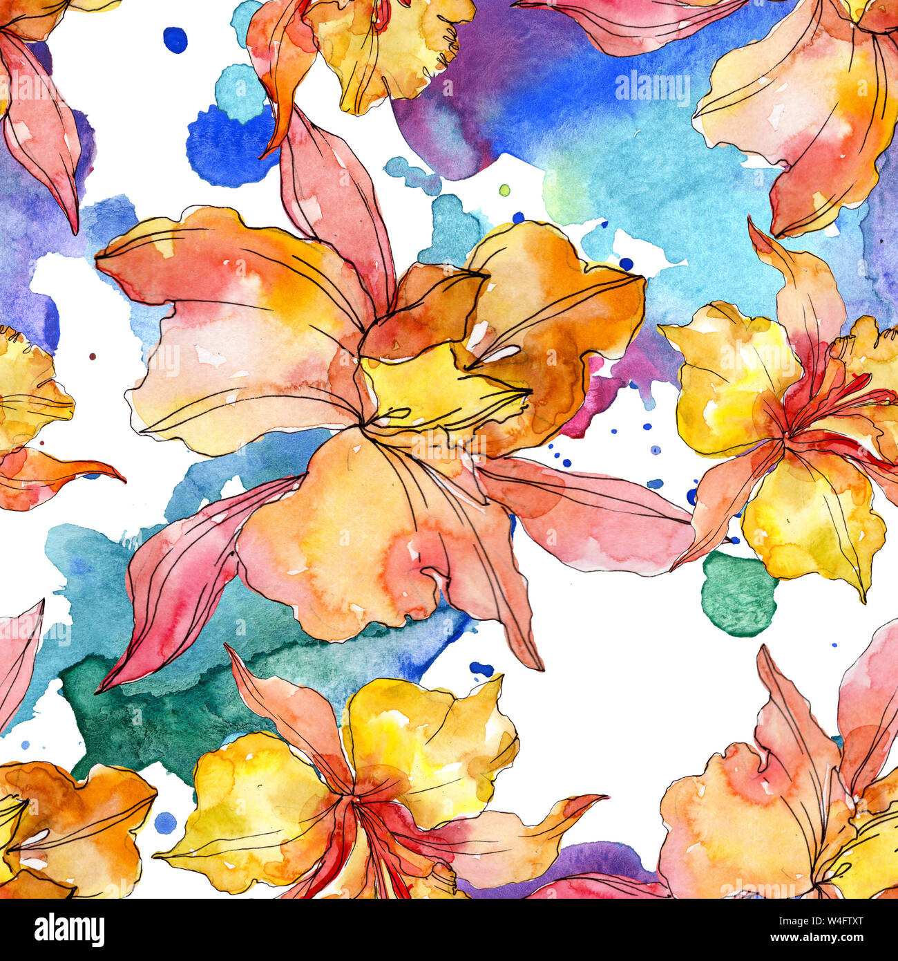 Floral fleurs orchidées botaniques. Printemps sauvage de fleurs sauvages de la feuille. Illustration à l'aquarelle. Aquarelle Dessin aquarelle de mode. Fond transparent Banque D'Images