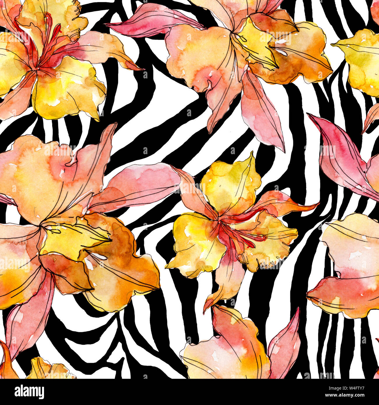 Floral fleurs orchidées botaniques. Printemps sauvage de fleurs sauvages de la feuille. Illustration à l'aquarelle. Aquarelle Dessin aquarelle de mode. Fond transparent Banque D'Images