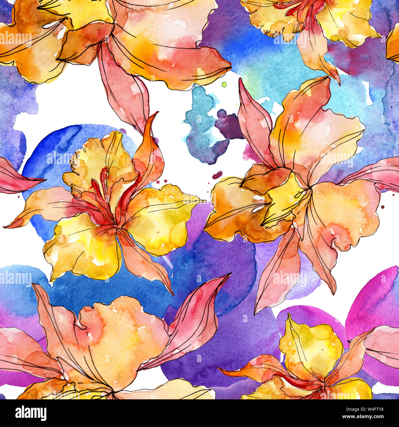 Floral fleurs orchidées botaniques. Printemps sauvage de fleurs sauvages de la feuille. Illustration à l'aquarelle. Aquarelle Dessin aquarelle de mode. Fond transparent Banque D'Images