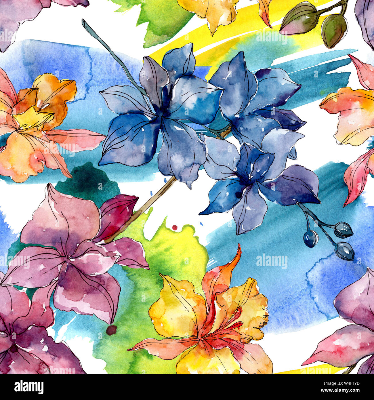 Floral fleurs orchidées botaniques. Printemps sauvage de fleurs sauvages de la feuille. Illustration à l'aquarelle. Aquarelle Dessin aquarelle de mode. Fond transparent Banque D'Images