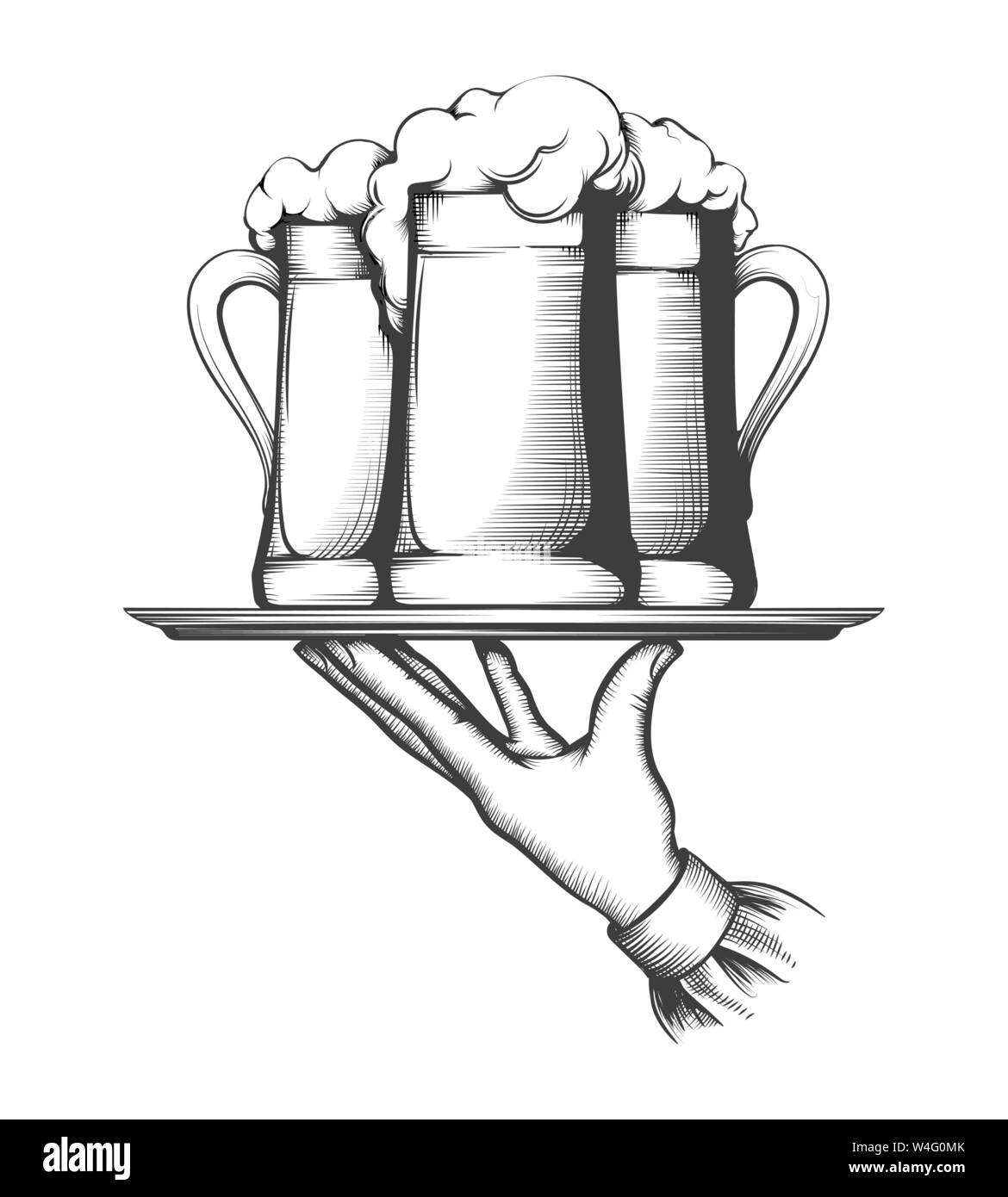 Waiter holding tray with beer Illustration de Vecteur