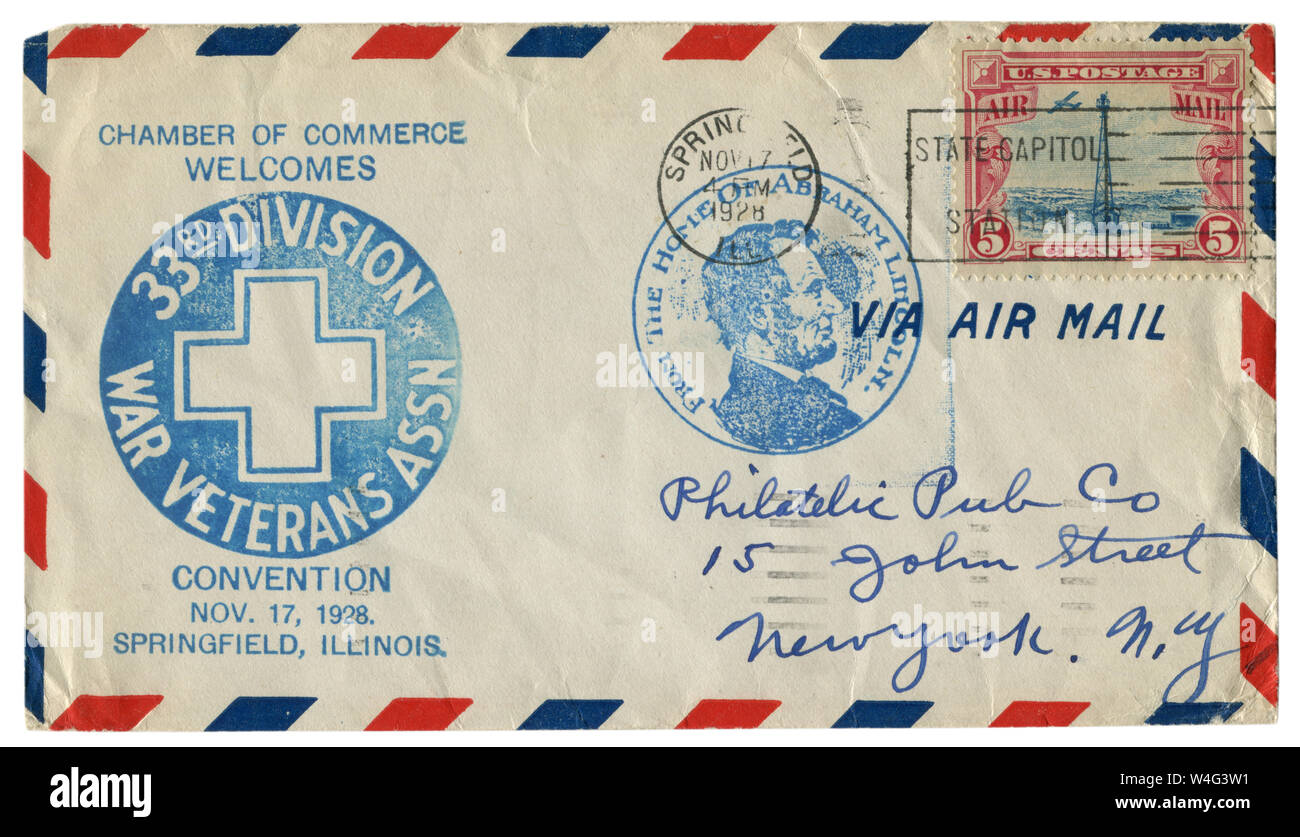 Springfield, Illinois, USA - Le 17 novembre 1928 : l'enveloppe historique : couvrir avec un cachet de l'Association des anciens combattants de la guerre de la 33e division Banque D'Images