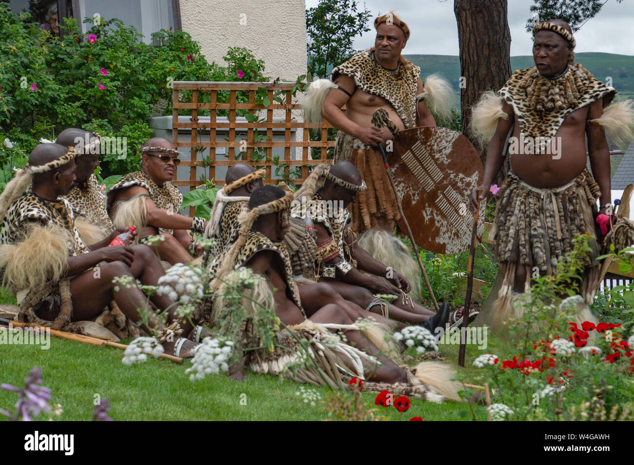 Les guerriers zoulous prendre du repos pendant leur visite à la Royal Welsh showground. Visite du roi d'acquisition de la Zulu Nation au Royal Welsh Show (RWAS) de Builth Wells. Llanelwedd, Powys, Pays de Galles. Banque D'Images