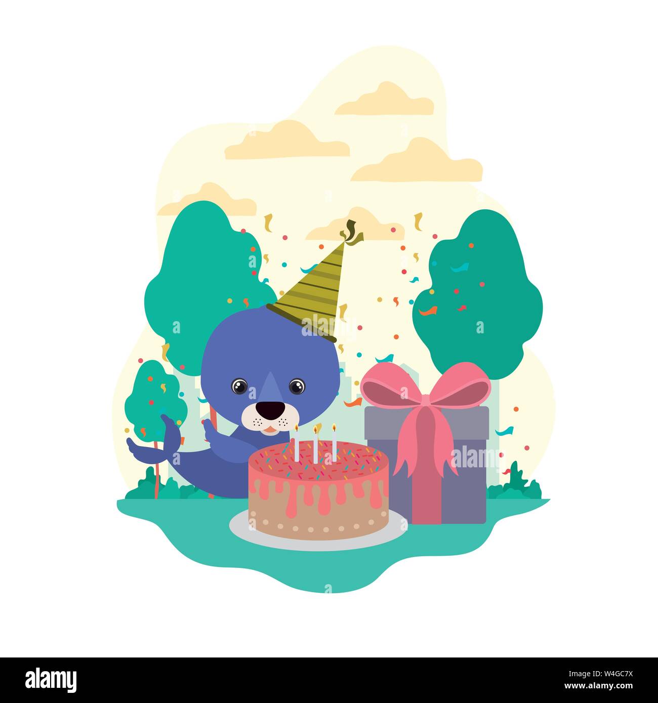 Cute seal avec boîte-cadeau Illustration de Vecteur