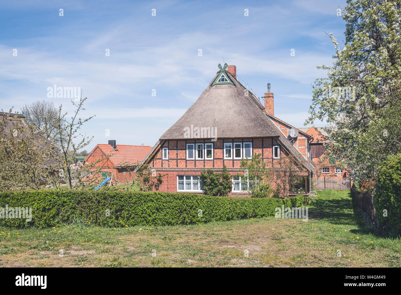 Maison au toit de chaume, Konau, Basse-Saxe, Allemagne Banque D'Images