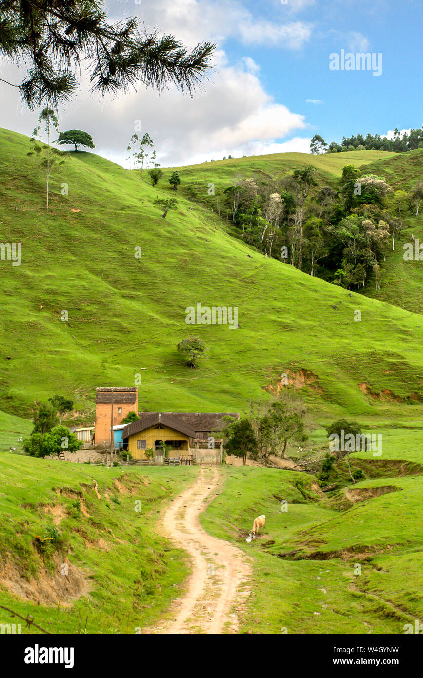 Maison de ferme avec chemin de terre et à l'arrière des pâturages hill, ciel bleu avec des nuages, Presidente Nereu, Santa Catarina Banque D'Images