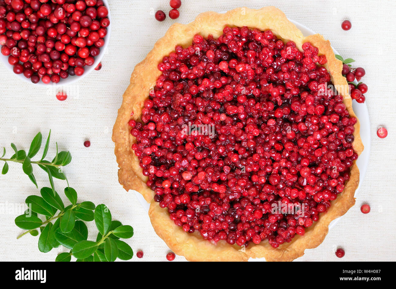 Airelle rouge appétissant gâteau et les baies fraîches airelle rouge sur fond blanc, vue du dessus Banque D'Images