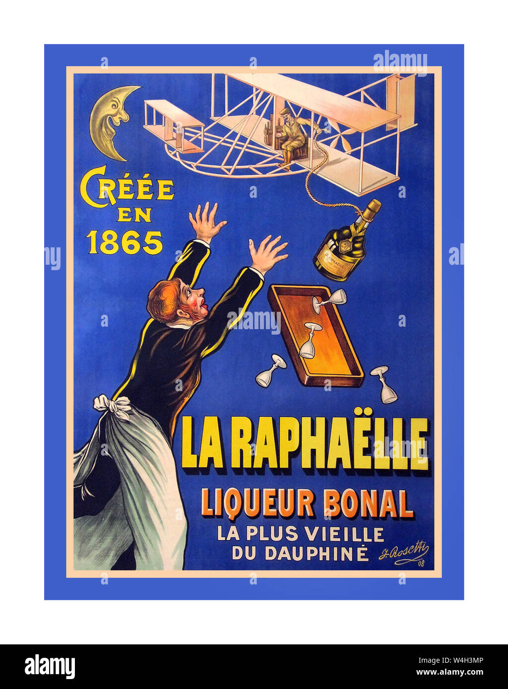 Raphaelle liqueur Vintage 1900 boissons humoristiques alcool vin Poster LA  RAPHAELLE par Rosetti 1908. Première affiche française connue à représenter  un flyer de Wright, l'invention volante des célèbres frères est mise à