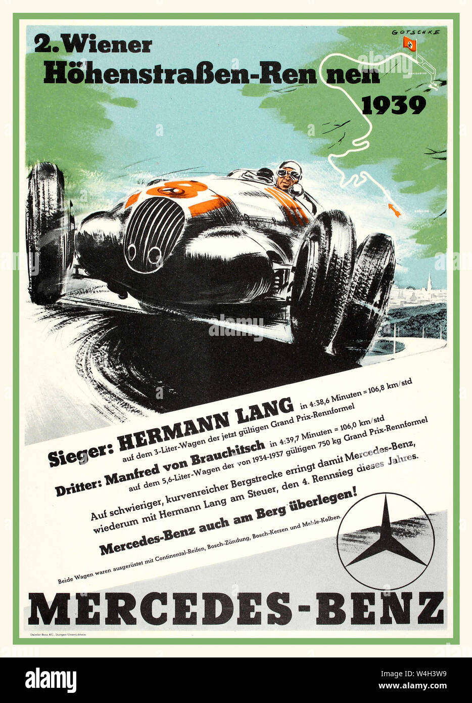 Moteur Mercedes Vintage poster 1939 Race Street Vienne vainqueur de l'HERMANN LANG Troisième Manfred von Brauchitsch avec ligne d'arrivée course marquée par un Drapeau à croix gammée rouge Banque D'Images