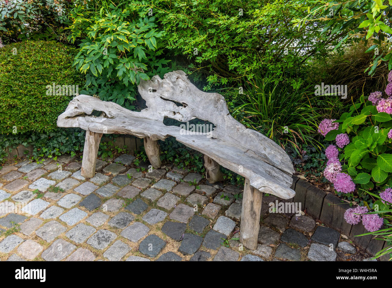 Siège banc faits de vieux tronc d'arbre noueux - France. Banque D'Images