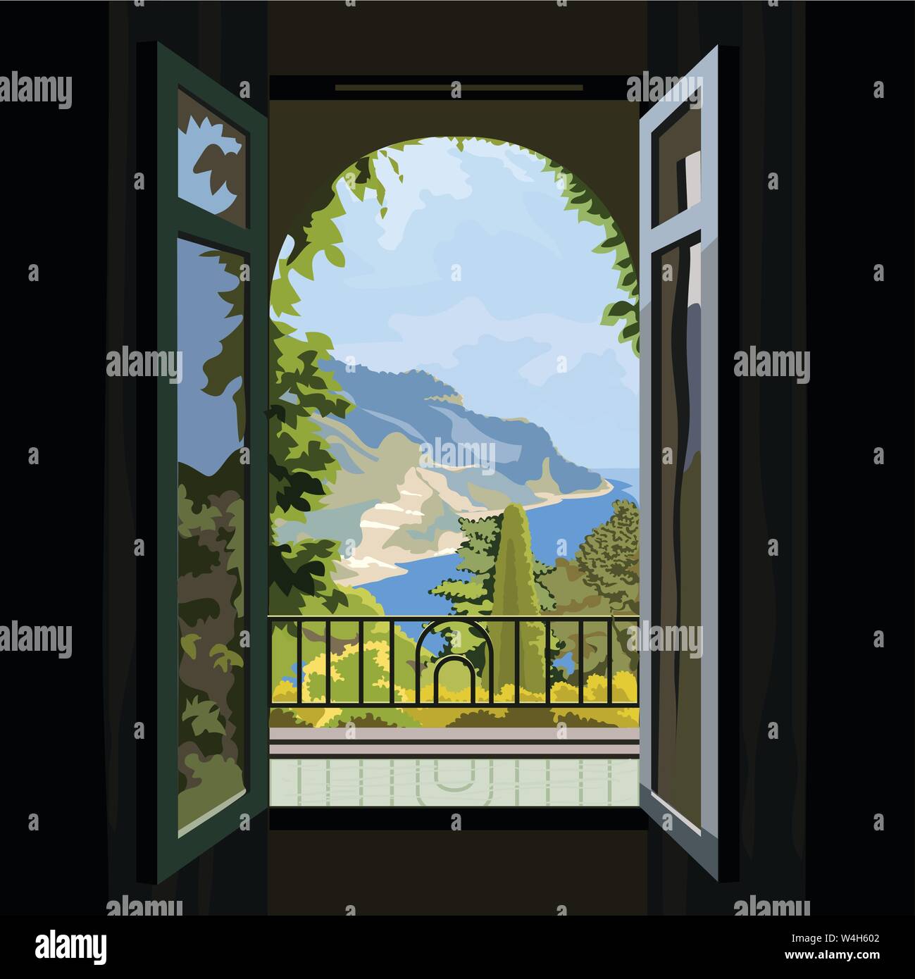 Villa Vue de la fenêtre regarder les arbres dans le premier plan à une vue sur l'océan Illustration de Vecteur