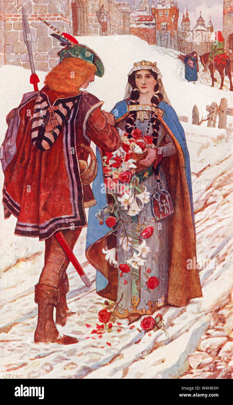 Le miracle des roses et de lys. Elisabeth de Hongrie, connue pour son miracle des roses qui raconte que tout en prenant du pain aux pauvres en secret, elle a rencontré son mari Ludwig, qui, afin d'apaiser les soupçons de la gentry qu'elle volait des trésor de l'église, lui a demandé de révéler ce qui était caché sous sa cape. En ce moment, sa cape s'ouvrir et une vision de roses blanches et rouges ne pouvait être vu, ce qui s'est avéré que la protection du dieu Ludwig part était au travail. Frontispice du livre de Saints et de héros, publié 1912 Banque D'Images