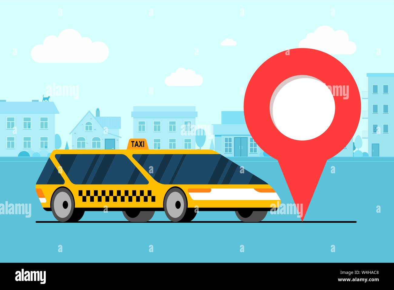 Voiture moderne jaune près de l'axe de position gps geotag icône sur cityscape road. Application de navigation en ligne commander service de taxi. Get taxi véhicule en Illustration de Vecteur