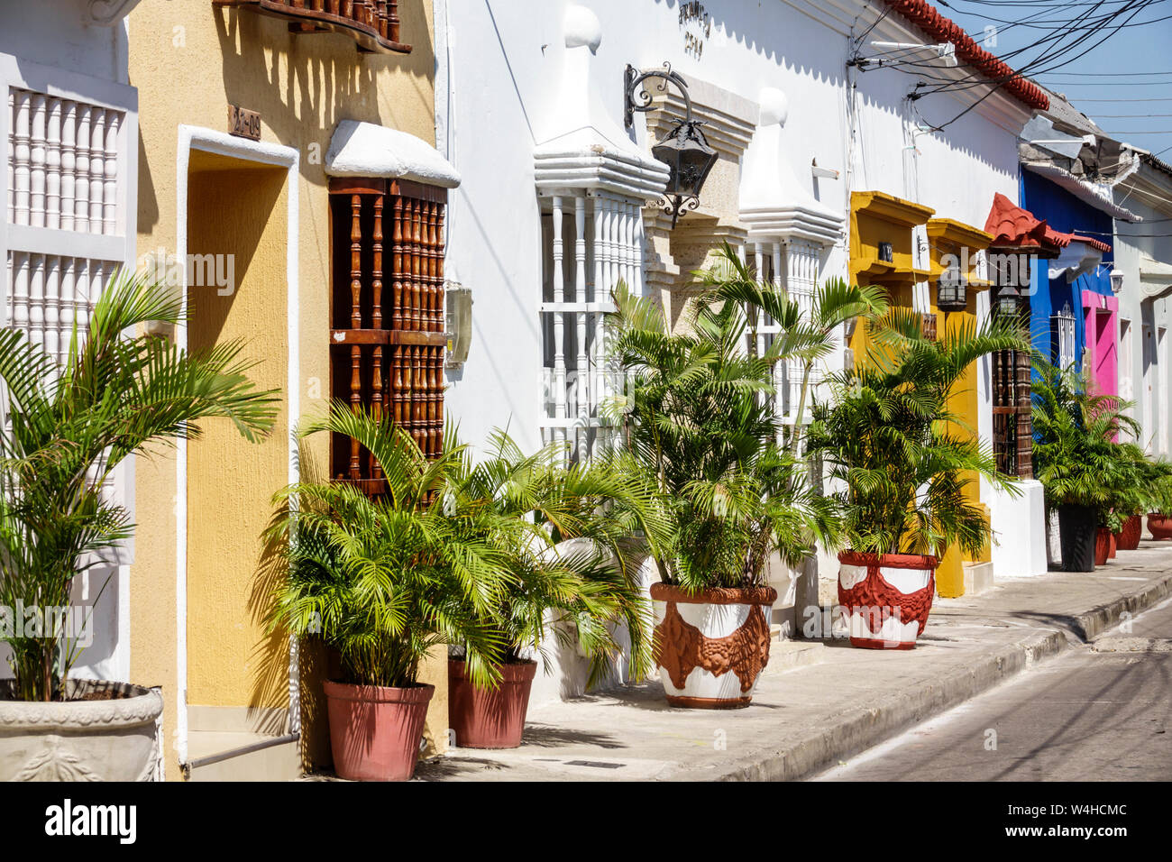 Colombie Cartagena Centre ville ancien clos de Getsemani colonia quartier façades jardinières de fenêtres en bois grils aureca palmiers maisons pittoresques Banque D'Images