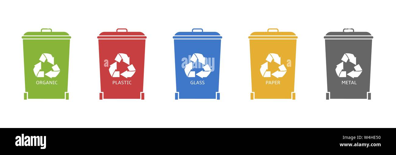 Bacs de recyclage. Ensemble de conteneurs de recyclage coloré, le tri des déchets et recyclage Illustration de Vecteur