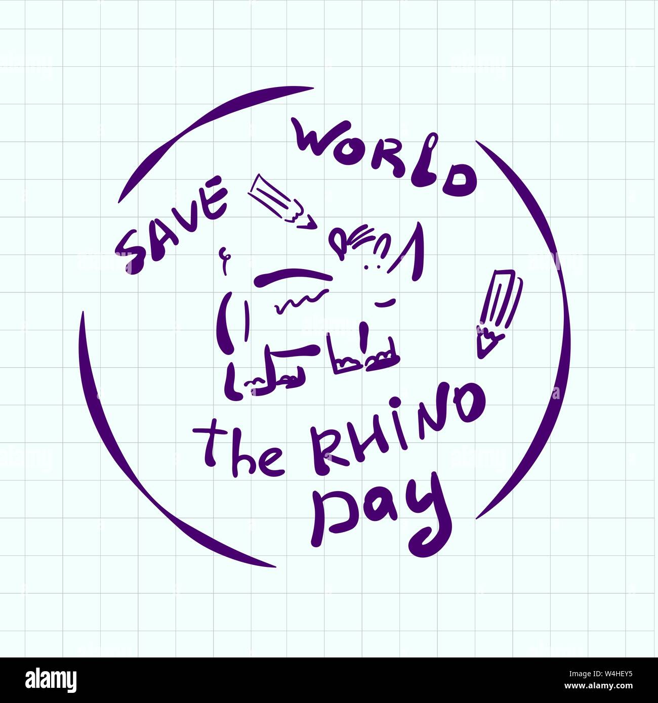 Journée mondiale de Rhino style doodle autocollant. L'emblème de la création à la main. Caricature dépeint un rhinocéros dans un cercle. Avec une inscription. Pour la création de logos, bannières, Illustration de Vecteur