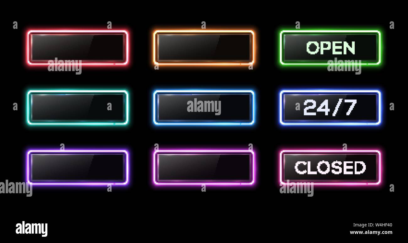 247 ouvert fermé en néon. Couleur carré. Illustration de Vecteur