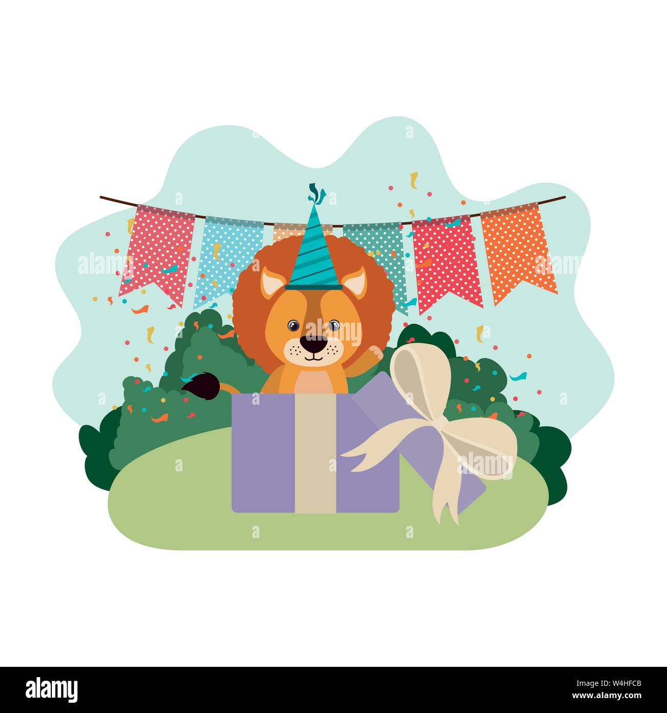 Lion mignon avec boîte-cadeau en paysage Illustration de Vecteur