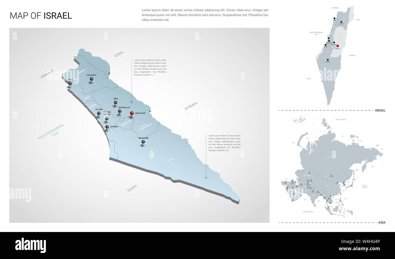 Vector set d'Israël pays. Carte en 3D isométrique, Israël, Asie carte carte - avec la région, l'Etat et les noms les noms de ville. Illustration de Vecteur