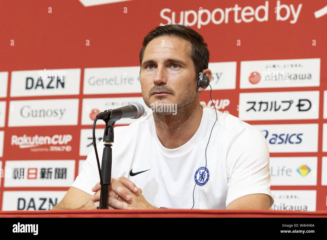 Saitama, Japon. 23 juillet, 2019. Frank Lampard, manager du Chelsea FC participe à une conférence de presse après avoir gagné un match contre le FC Barcelone pour la Coupe 2019 à Saitama Rakuten Stadium 2002. Chelsea FC 2-1 sur le FC Barcelone dans la cuvette de Rakuten, à Tokyo. Credit : Rodrigo Reyes Marin/ZUMA/Alamy Fil Live News Banque D'Images