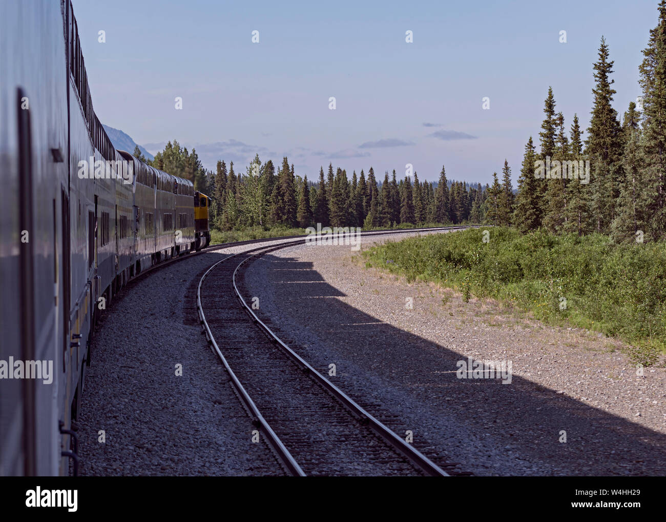 Un train touristique en laissant l'alaska denali est dirigé vers le sud de la station de train et la voie ferrée qui traverse la forêt contre un ciel bleu Banque D'Images