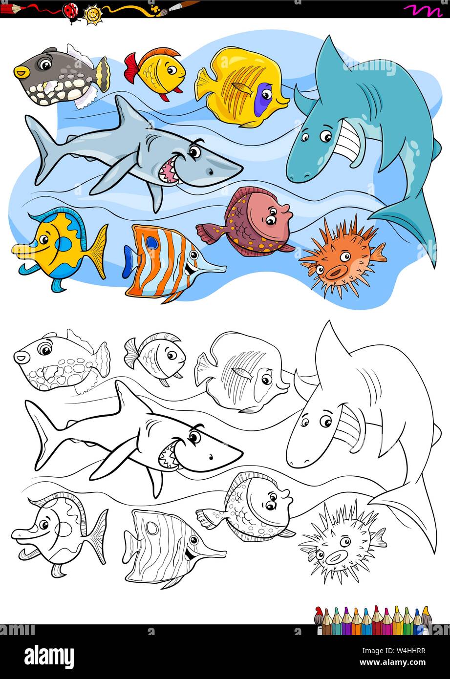 Cartoon Illustration de poissons amusants personnages animaux Activité de coloriage Illustration de Vecteur