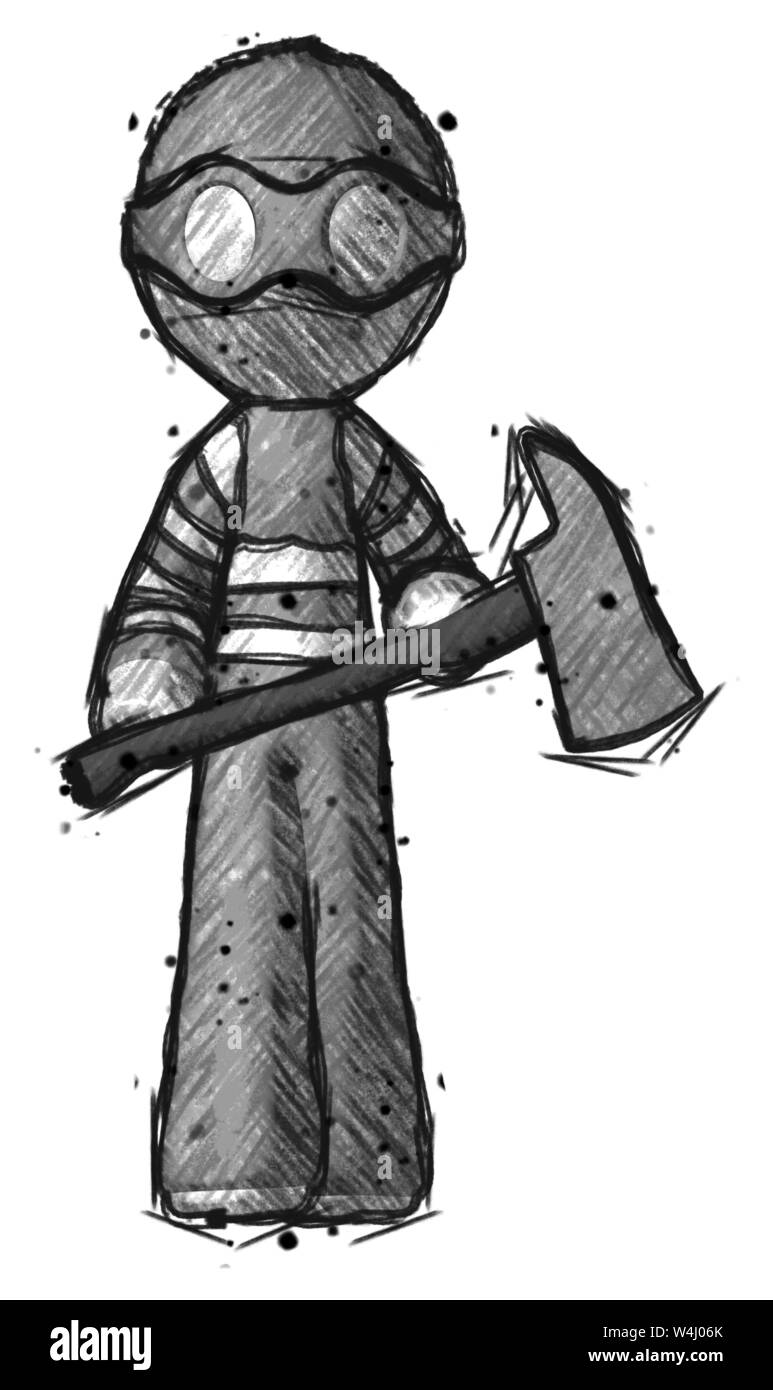 Voleur croquis man holding fire fighter's ax. Banque D'Images