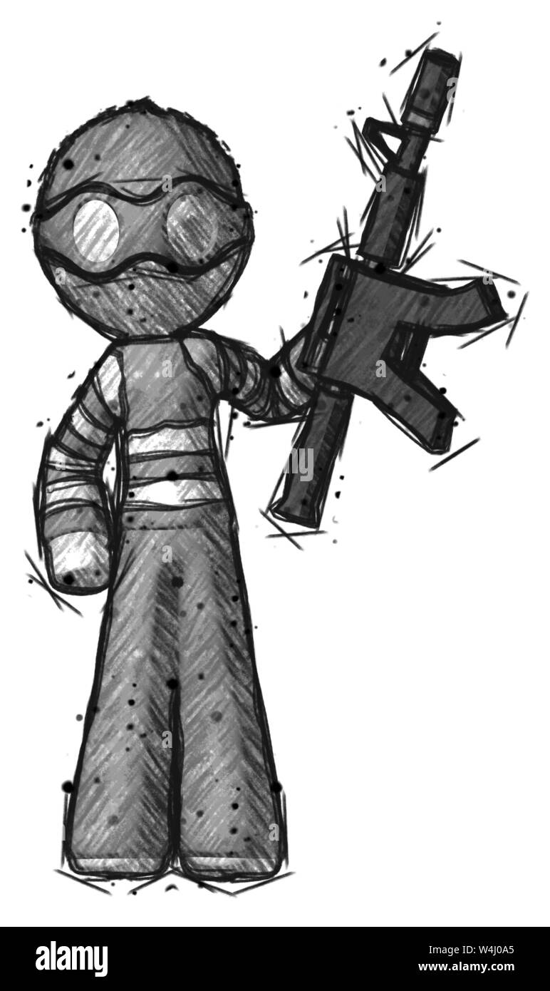 Voleur croquis man holding pistolet automatique. Banque D'Images Voleur croquis man holding pistolet automatique. Banque D'Images